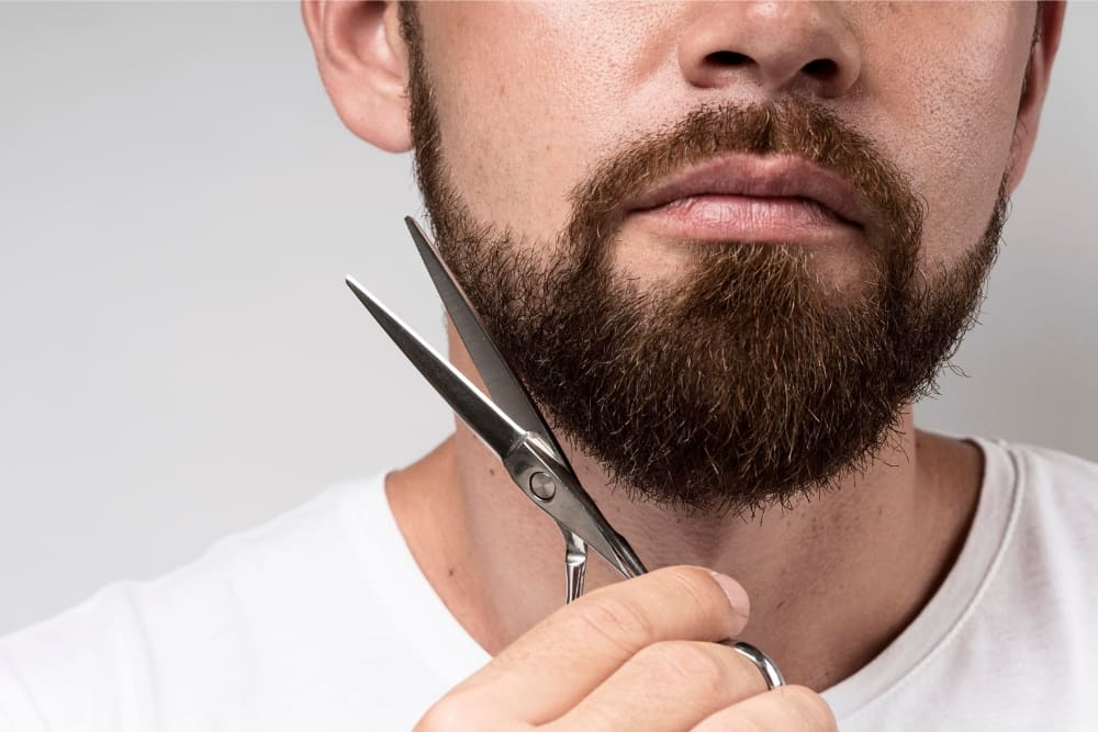 Close-up image of a man trimming his beard with stainless steel scissors, focusing on grooming and removing uneven hairs. The well-maintained beard shows slight dryness and potential split ends, highlighting the importance of regular trimming to prevent beard split ends and maintain a neat appearance.