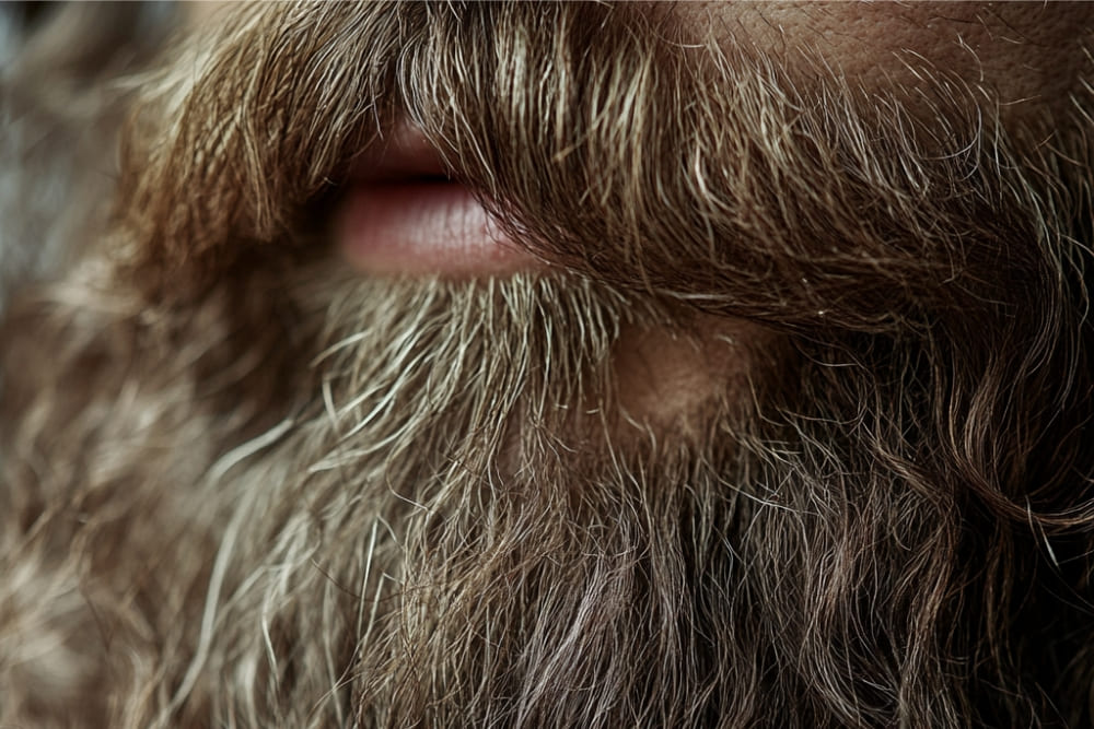 Close-up image of a rugged, full beard with noticeable split ends and coarse, uneven strands. The beard's texture highlights dryness and the need for proper grooming and care.
