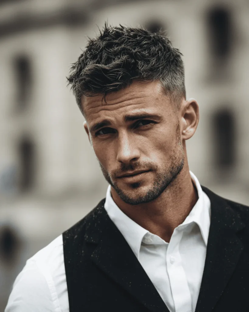 Man wearing a 5mm beard with heavy stubble and textured short hair, showing a sharp, controlled beard style