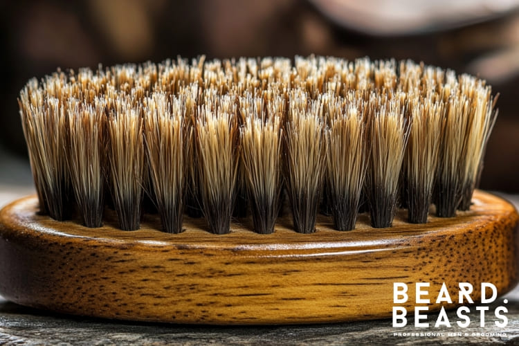 Close-up of a boar bristle beard brush with natural wooden handle, perfect for guides on how to clean a beard brush and maintain its quality.