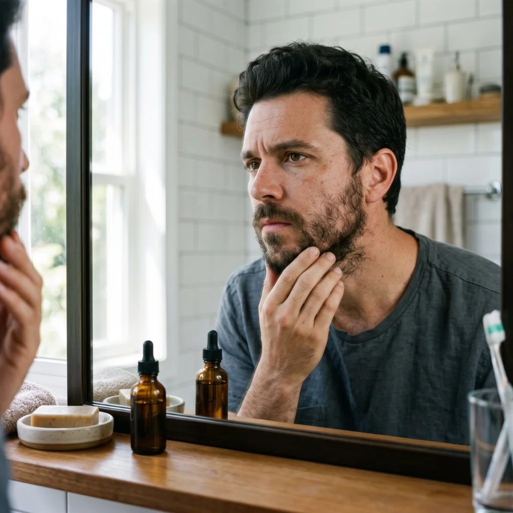 Man with a patchy beard checking his facial hair in the mirror beside beard oil bottles