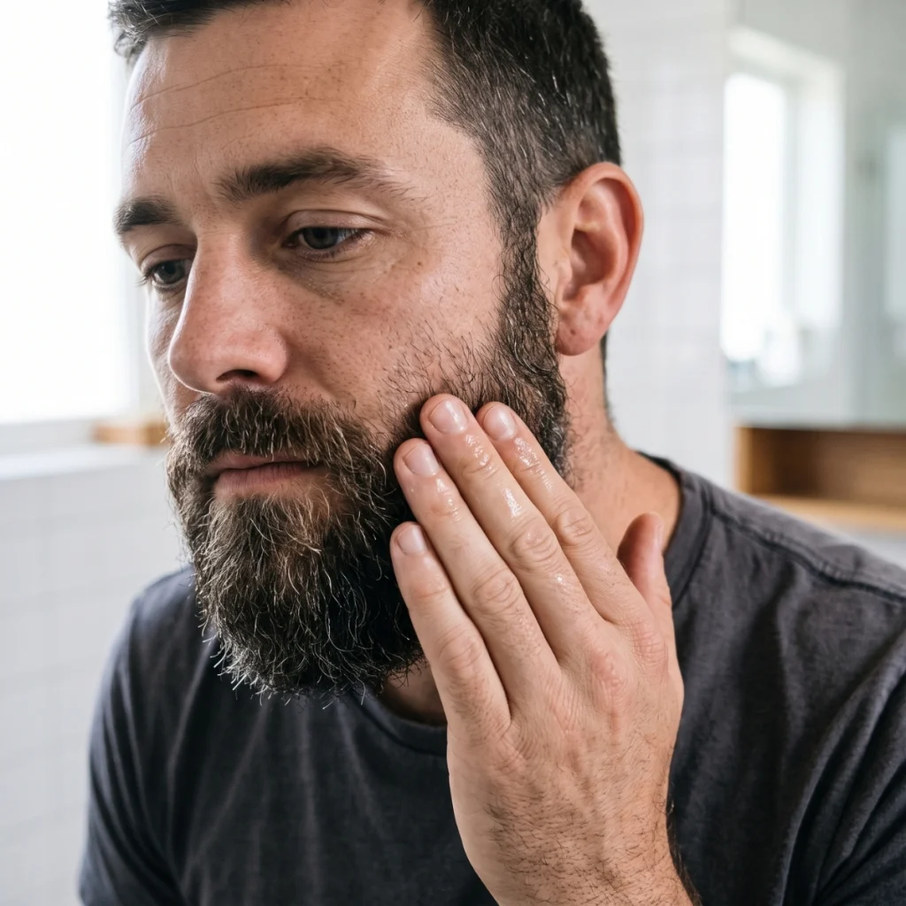Man applying avocado oil to the skin underneath a thick beard