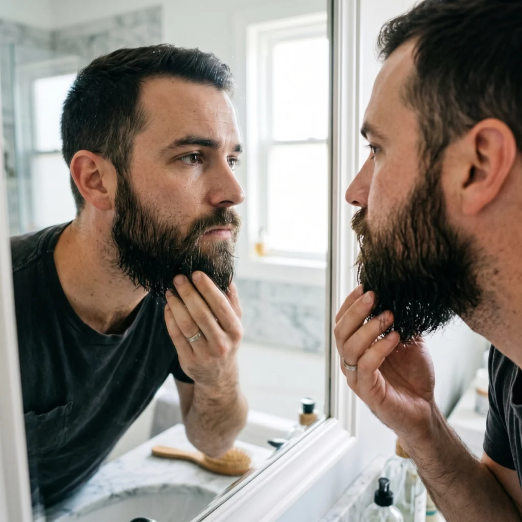 Man checking a greasy beard after applying too much avocado oil