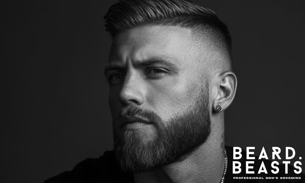 Close-up black and white portrait of a man with a well-groomed full beard and clean fade haircut, showcasing sharp grooming and beard care precision.