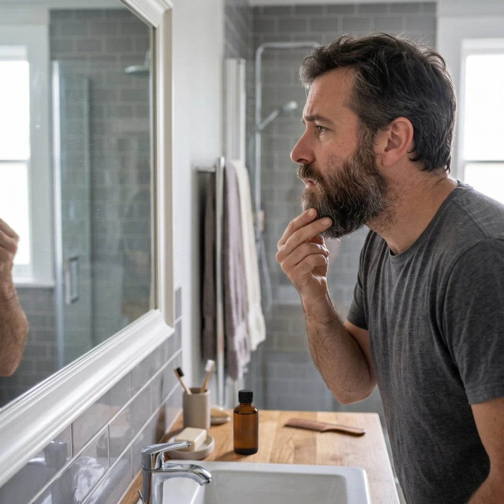 Man checking a slightly greasy beard in the mirror after applying beard oil