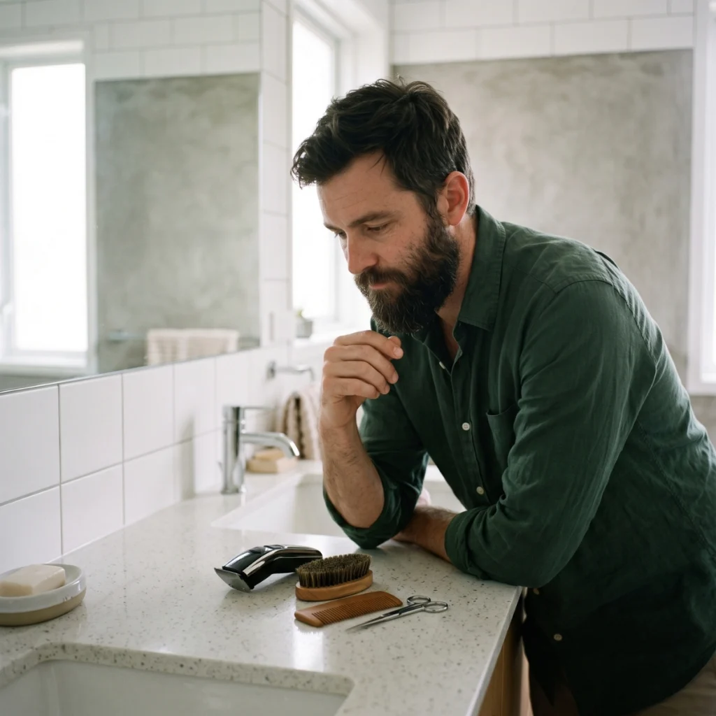 Bearded man choosing between a trimmer, beard brush, comb and grooming scissors.