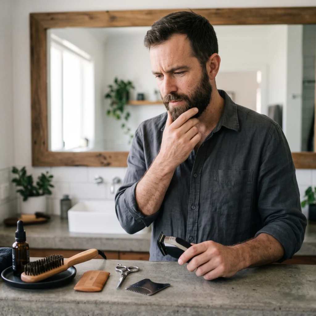 Bearded man considering which beard grooming tools he actually needs