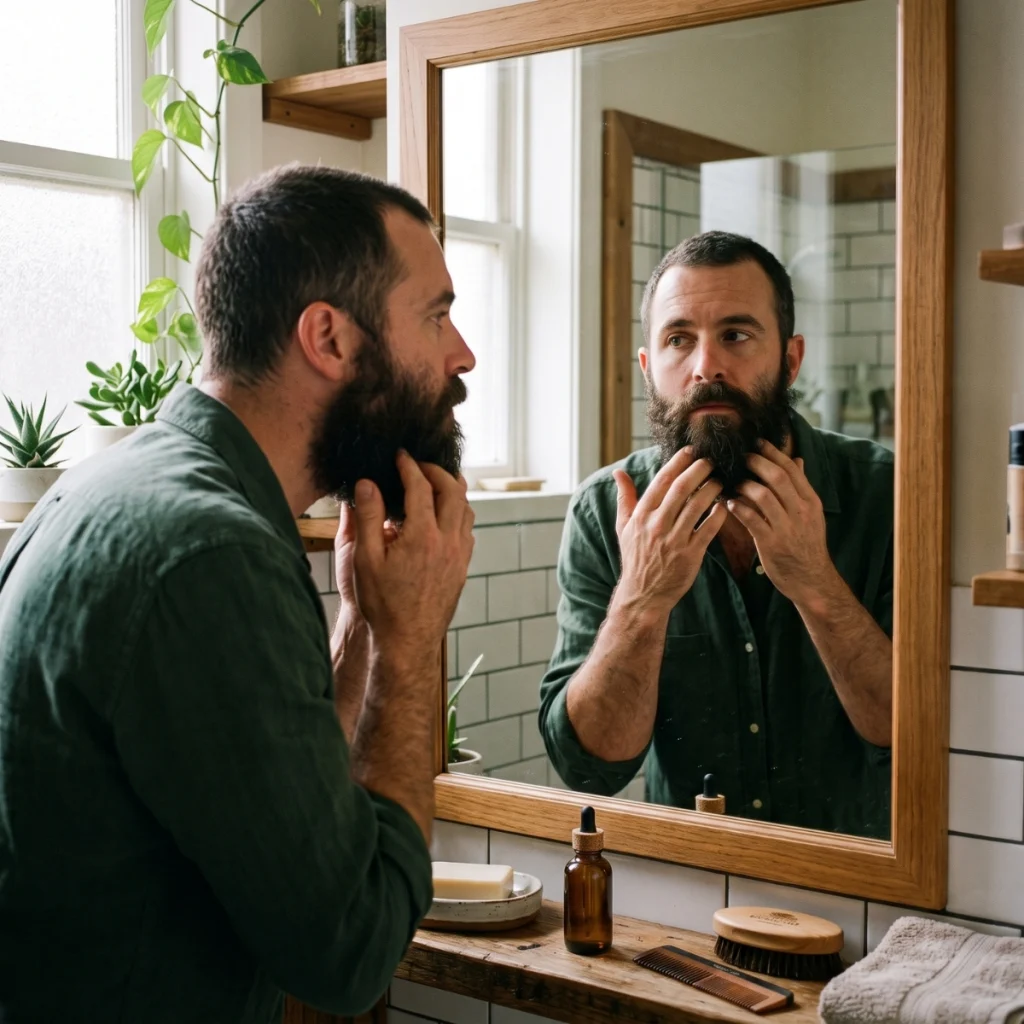 Man parting his beard to work beard oil into the skin underneath