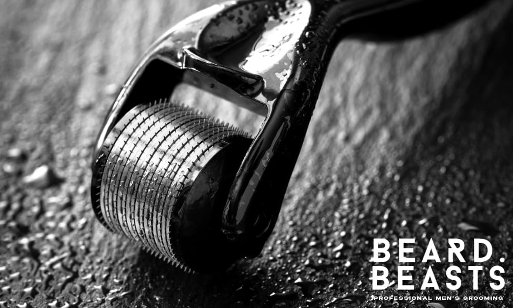 Close-up of a beard roller with water droplets, highlighting hygiene and cleaning for safe microneedling and beard care