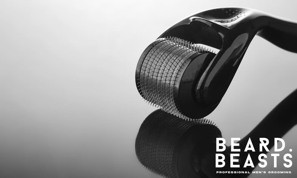 Beard roller with microneedles on reflective surface, used to explore the question: do beard rollers work for stimulating facial hair growth