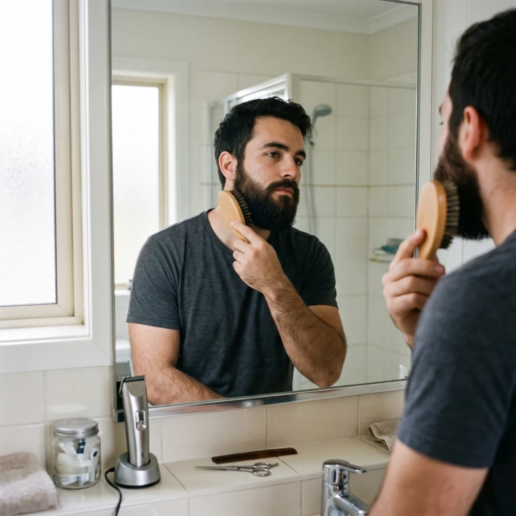 Man brushing his beard into shape before deciding whether to trim