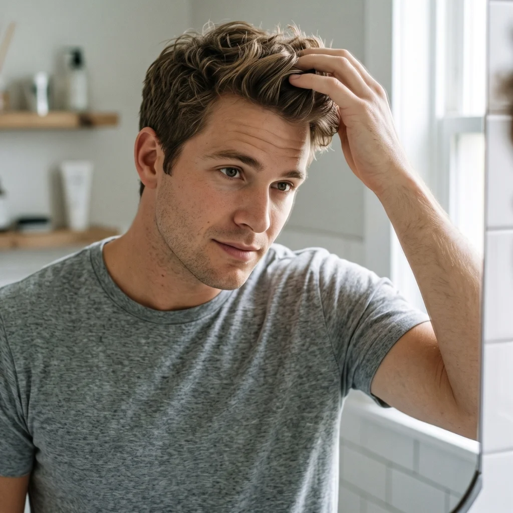Man checking how his hair naturally behaves while building his hair care routine