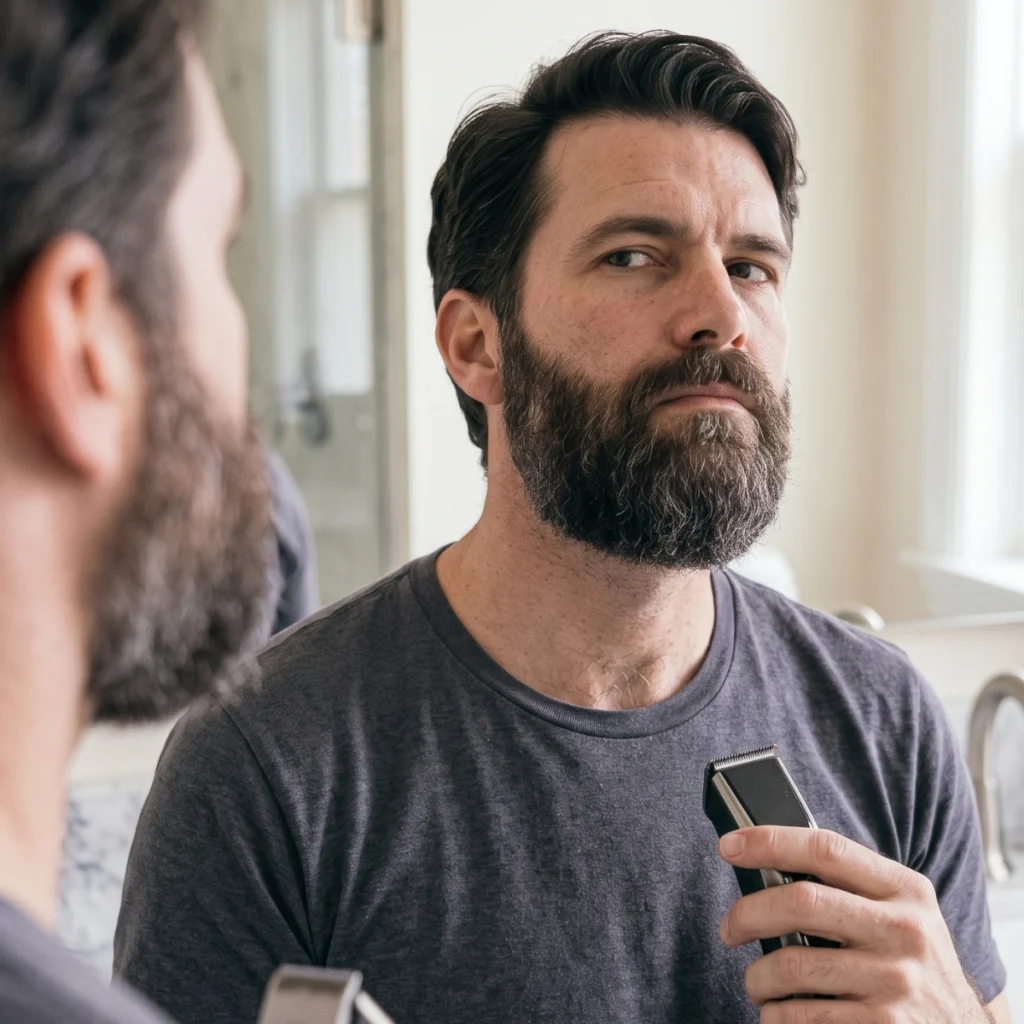 Man checking his beard neckline in the mirror after trimming
