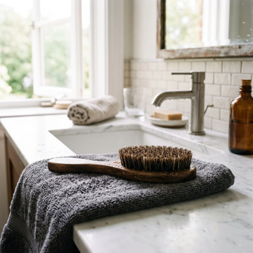 Wooden boar-bristle beard brush drying on a towel beside a bathroom sink.
