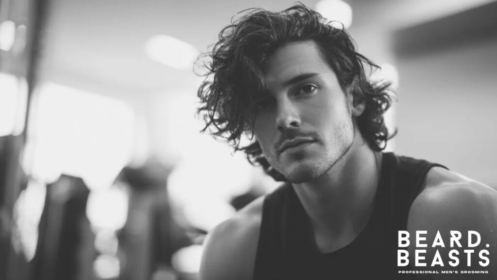 Man with thick, styled hair post-workout in a gym setting — representing healthy grooming and hair care tips for active men.