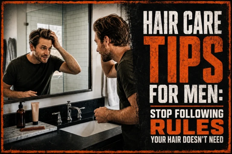 Man checking his hair in the mirror for practical hair care tips for men