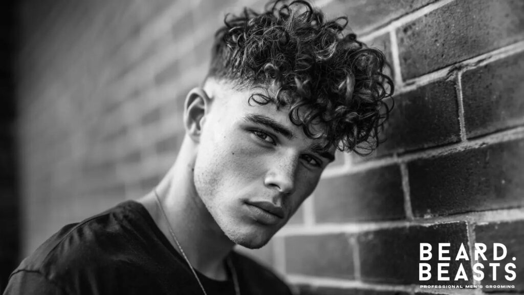 Young man with thick curly hair styled naturally, showcasing healthy definition and texture — ideal for men's curly hair care routines.