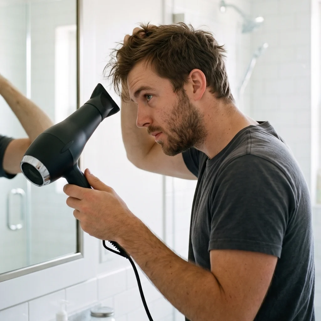 Man blow-drying his hair while checking for signs of heat damage