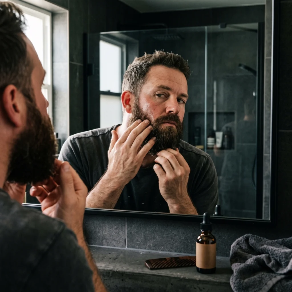 Man working beard oil through his beard to the skin underneath.