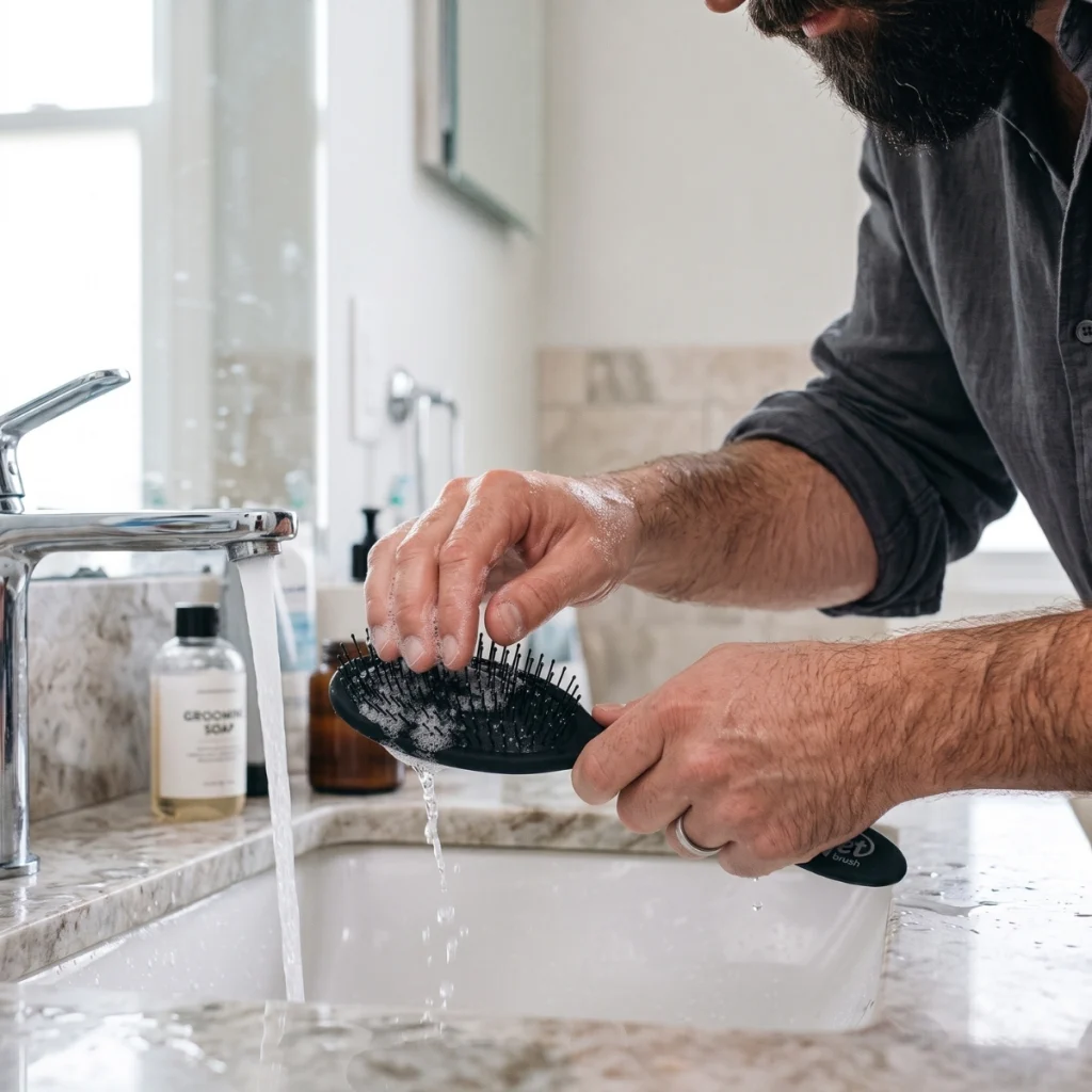 Man washing an all-plastic beard brush with synthetic bristles under running water.