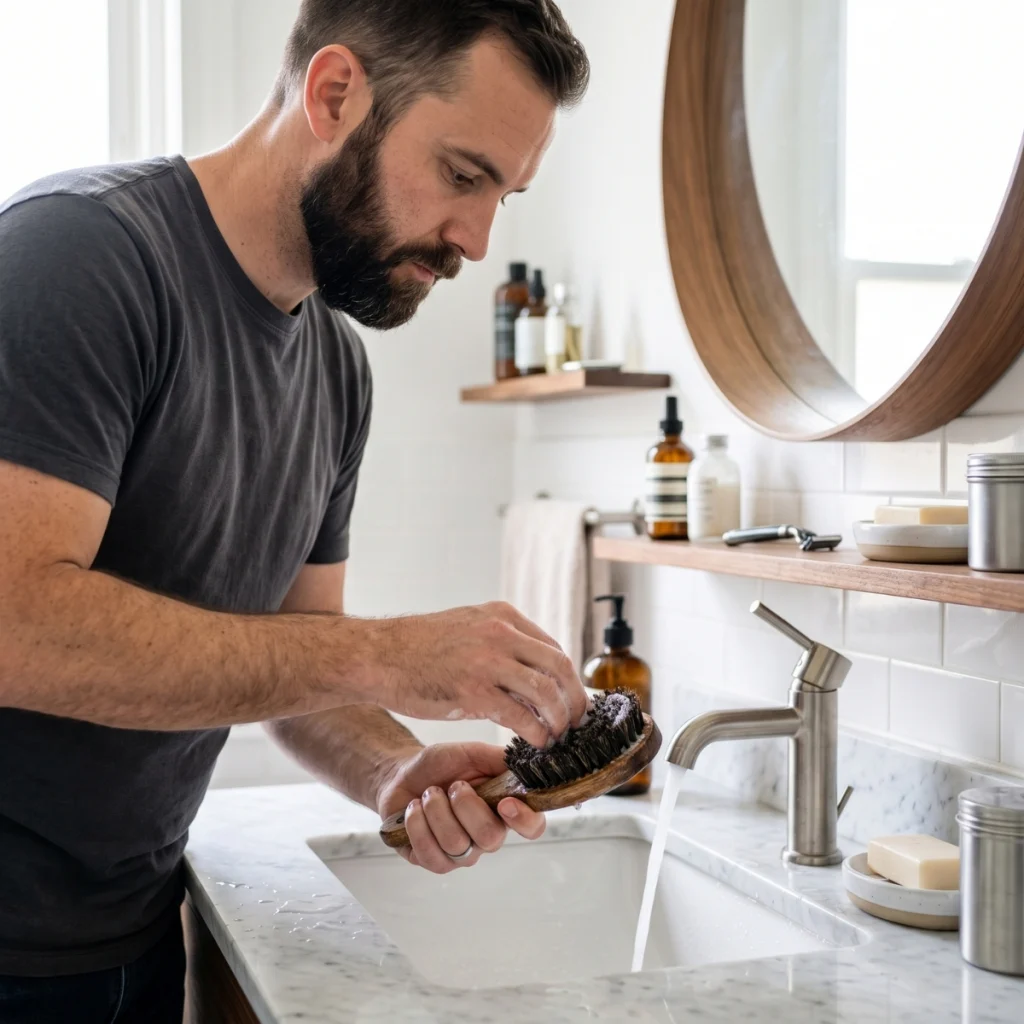 Man cleaning the bristles of a wooden boar-bristle beard brush with mild shampoo.