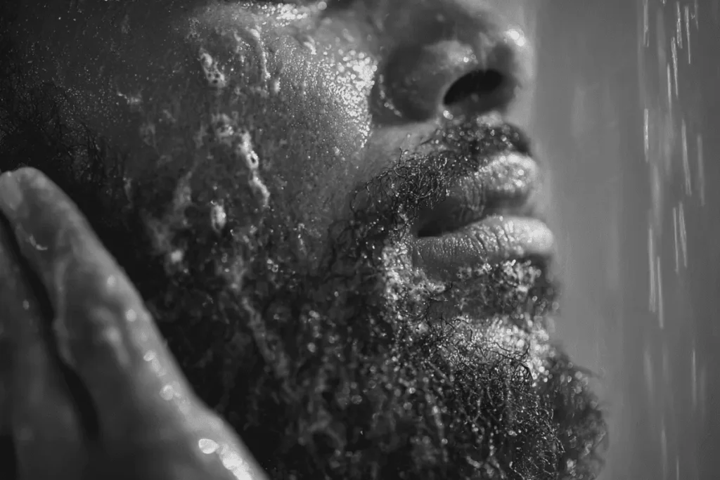 Man washing a rough beard to help soften dry beard hair