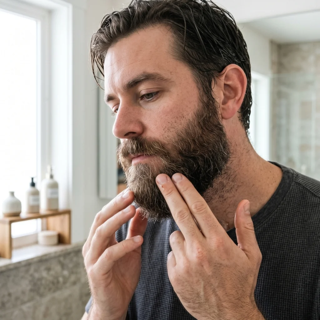 Man applying a small amount of avocado oil through a damp beard after washing