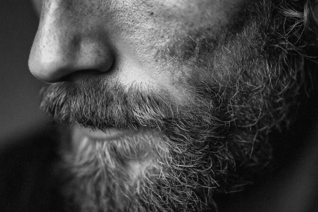 Close-up of a rough beard showing dry, uneven beard hair texture