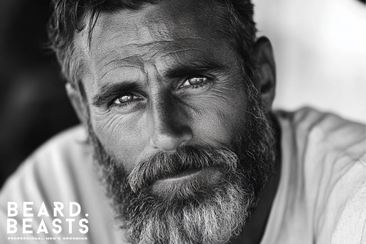 Black-and-white portrait of a man with a rugged, rough beard, highlighting the natural texture and character of his facial hair, featuring the Beard Beasts logo in the corner.