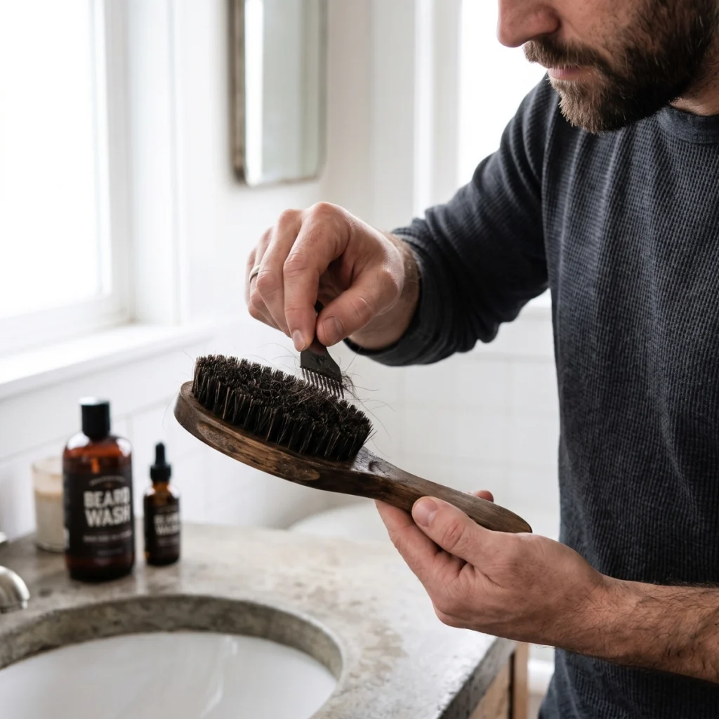 Man removing trapped beard hairs and loose debris from a wooden beard brush before washing it.