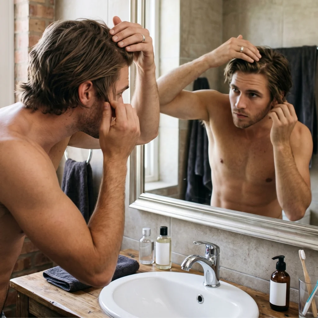 Man checking his scalp and longer hair in the mirror to assess different hair care needs