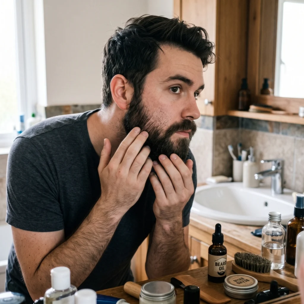 Man checking the skin underneath his beard in the bathroom