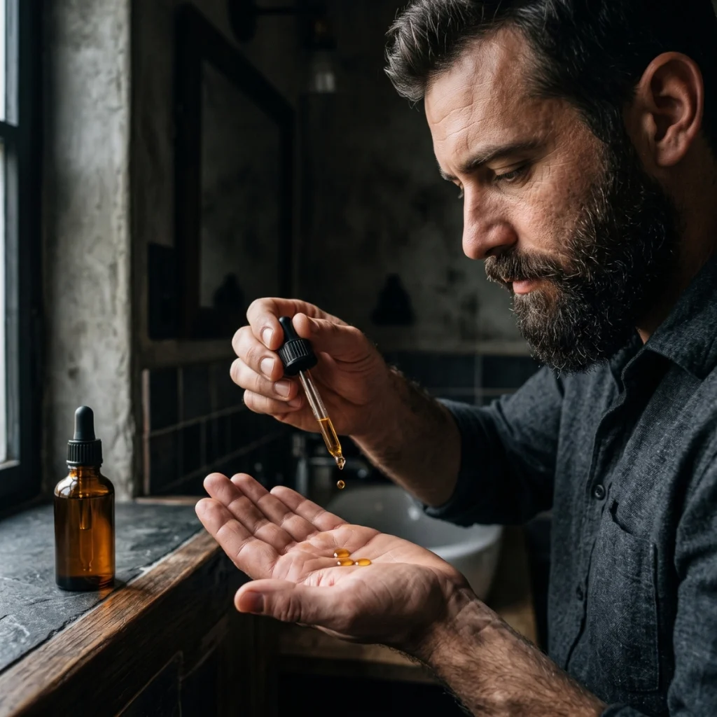 Man adding a small amount of beard oil to his palm with a dropper