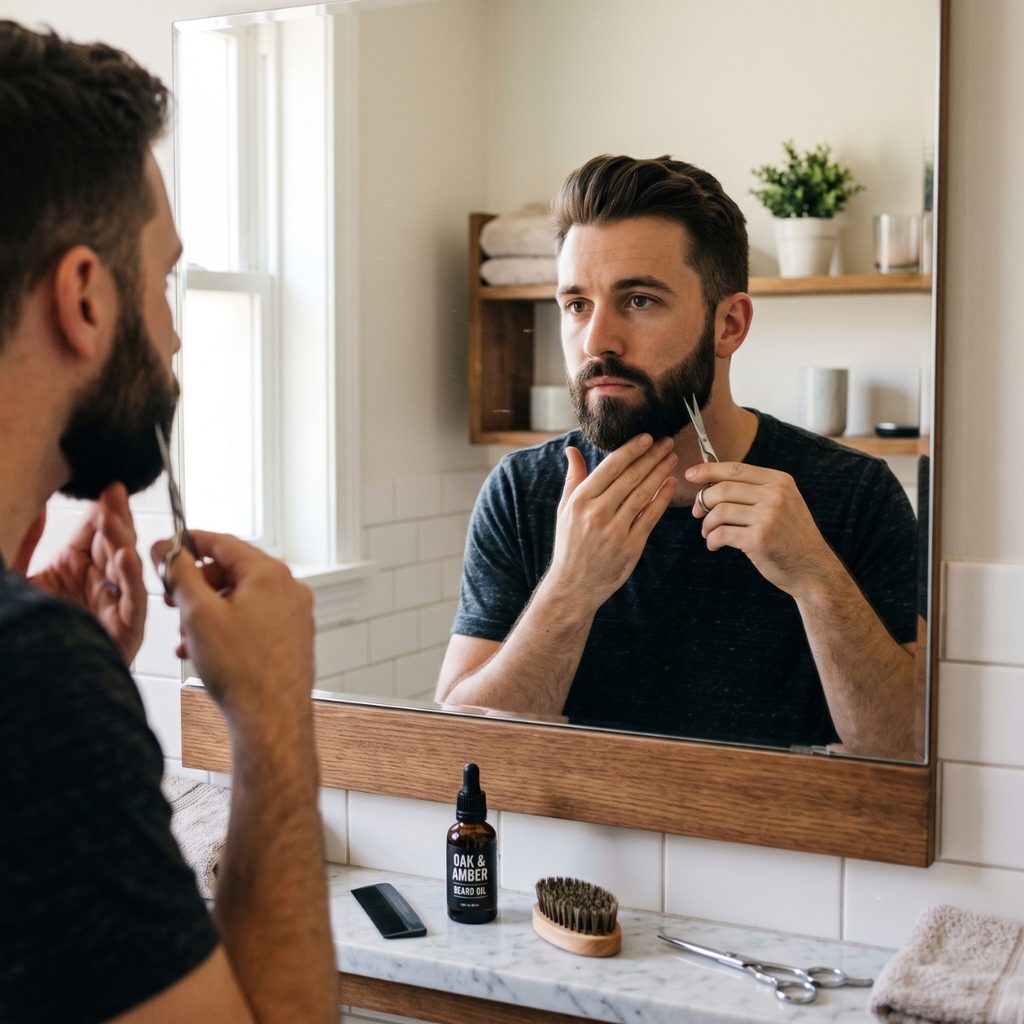 Man lightly trimming a neatly shaped beard in the bathroom mirror to maintain its shape.