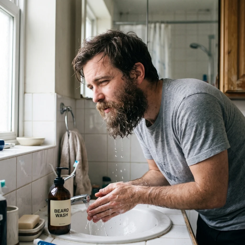 Man washing his beard at the bathroom sink with beard wash nearby