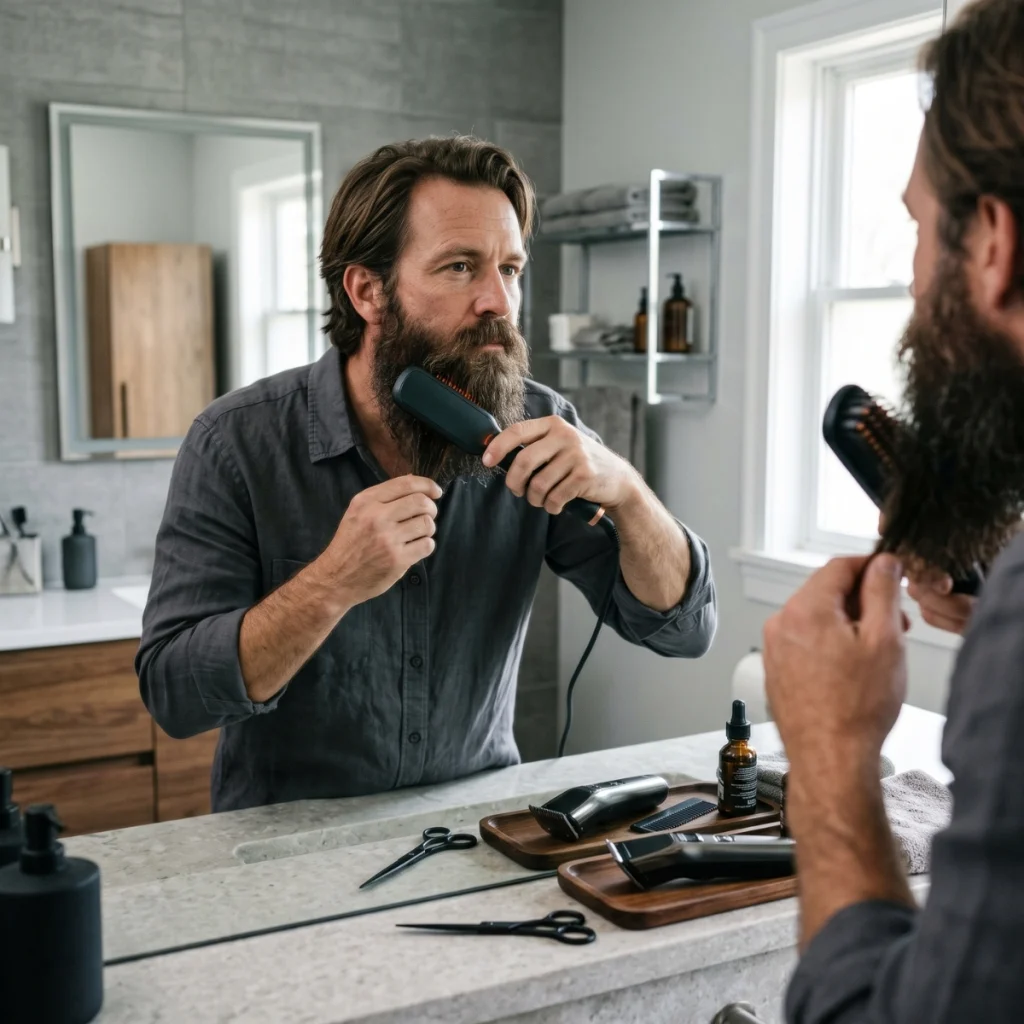 Man using a heated beard brush with beard grooming tools on the bathroom counter