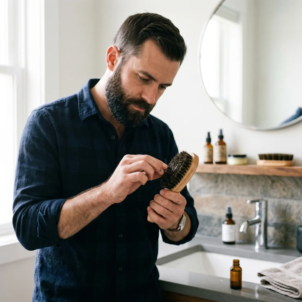 Man inspecting a wooden beard brush for hair, dirt and product buildup before deciding whether to wash it.