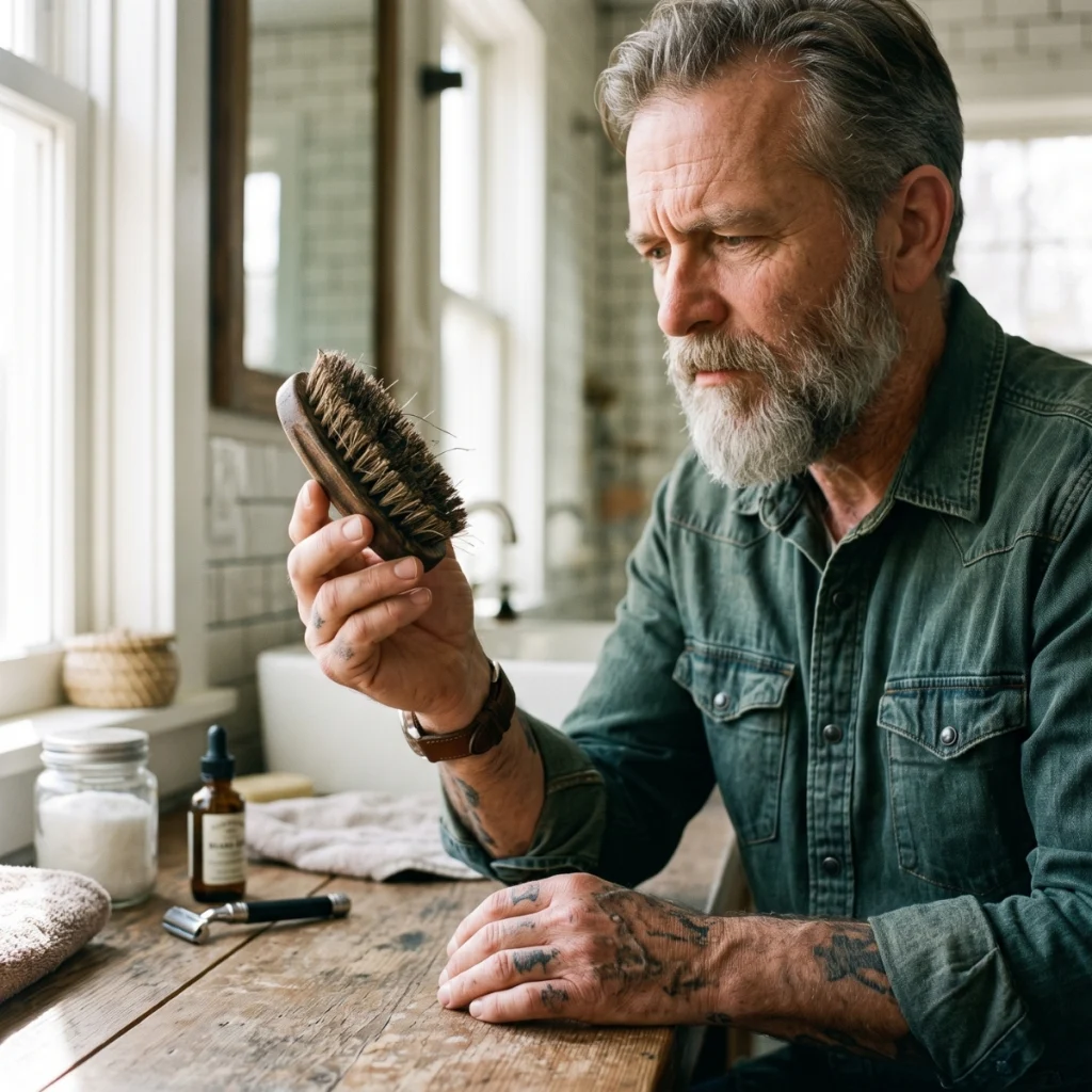 Man inspecting a worn wooden beard brush with damaged bristles to decide whether it needs replacing.