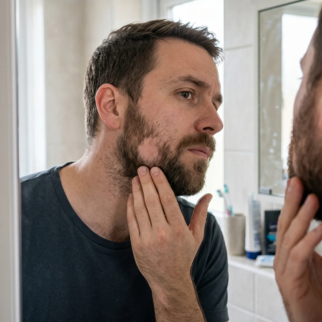 Man checking a newly visible bald spot in his beard near the cheek and jaw