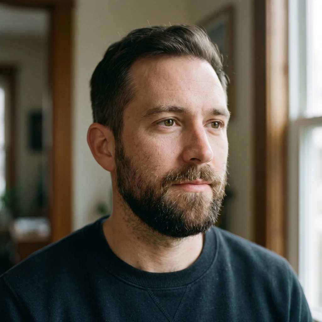 Man with a shorter beard style that makes sparse cheek growth less noticeable