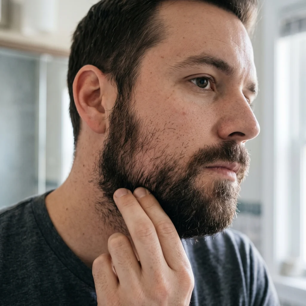 Man checking a sparse cheek area where beard hair is still growing at lower density