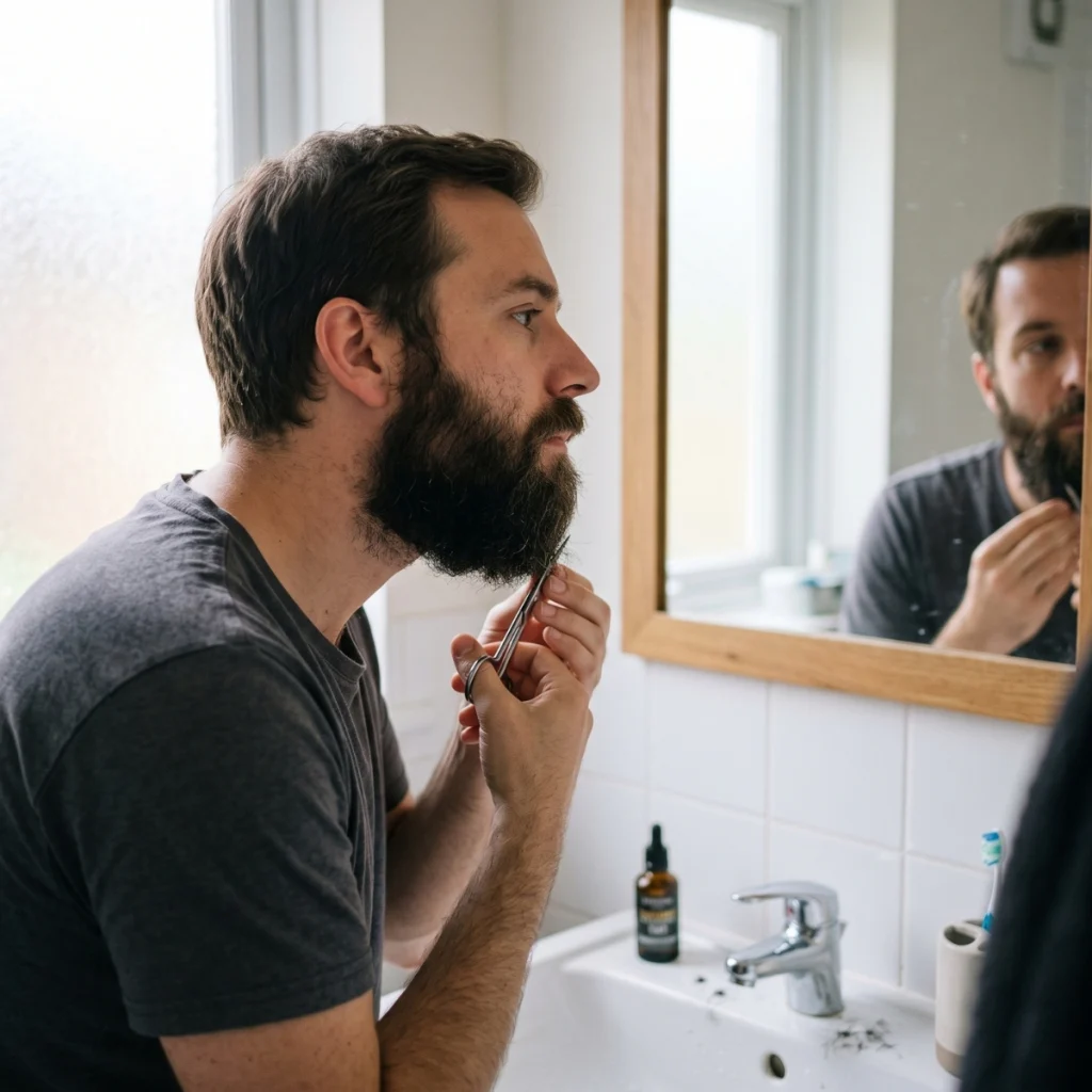 Man carefully trimming the ends of his beard with grooming scissors