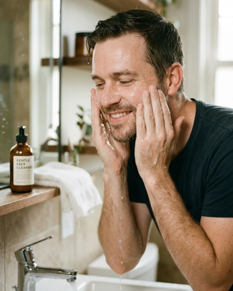 Man washing his face with a gentle facial cleanser at the bathroom sink, showing a simple skincare routine that cleans skin without leaving it dry or stripped.