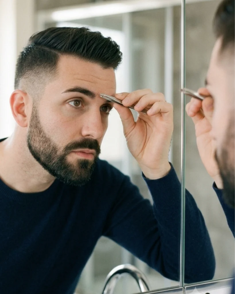 Man trimming his eyebrow in the mirror with tweezers, showing how small grooming details around the face can affect a clean and well-groomed appearance.