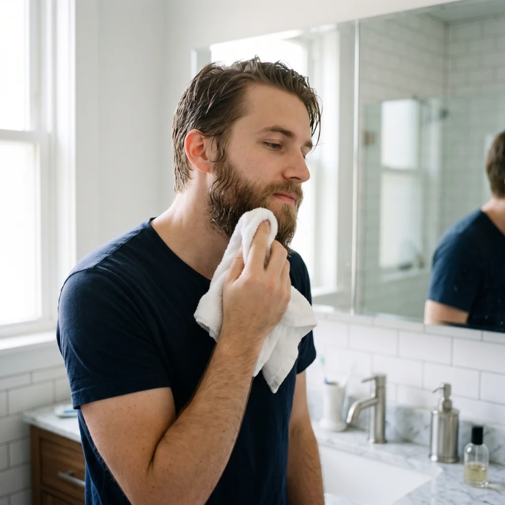 Man gently patting his beard dry with a towel after washing