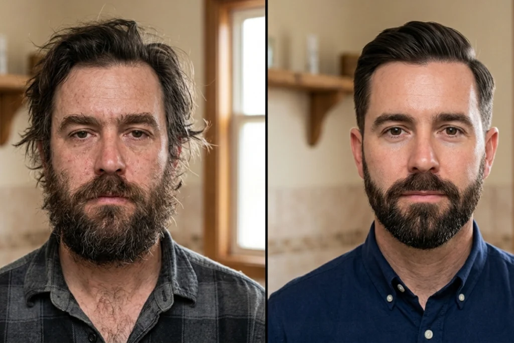 Before and after image showing how inconsistent grooming habits affect a man’s hair, beard, and overall appearance.