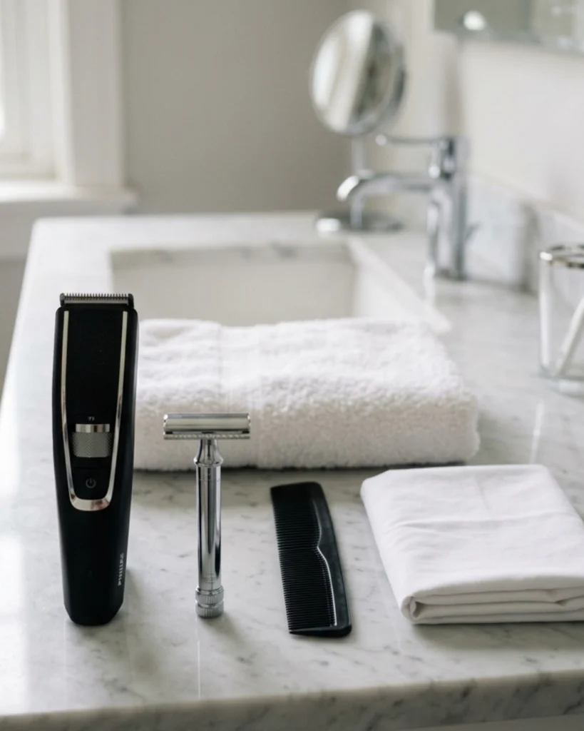 Clean trimmer, safety razor, comb, towel, and folded cloth arranged on a bathroom counter as part of a proper men’s grooming routine.