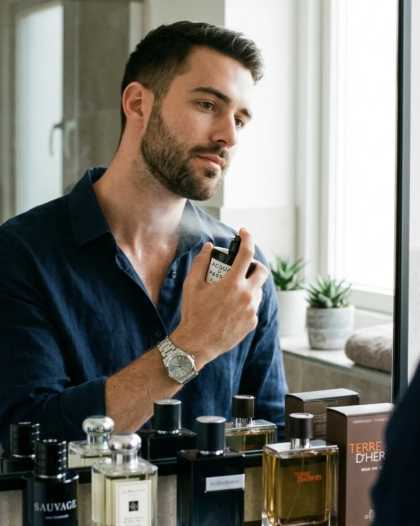 Man applying cologne in front of a bathroom mirror with several fragrance bottles on the counter, showing that using more fragrance does not improve how you smell.