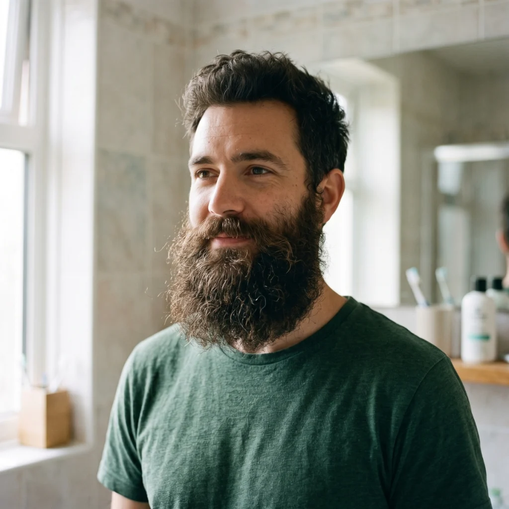 Man with a naturally curly frizzy beard showing healthy beard texture