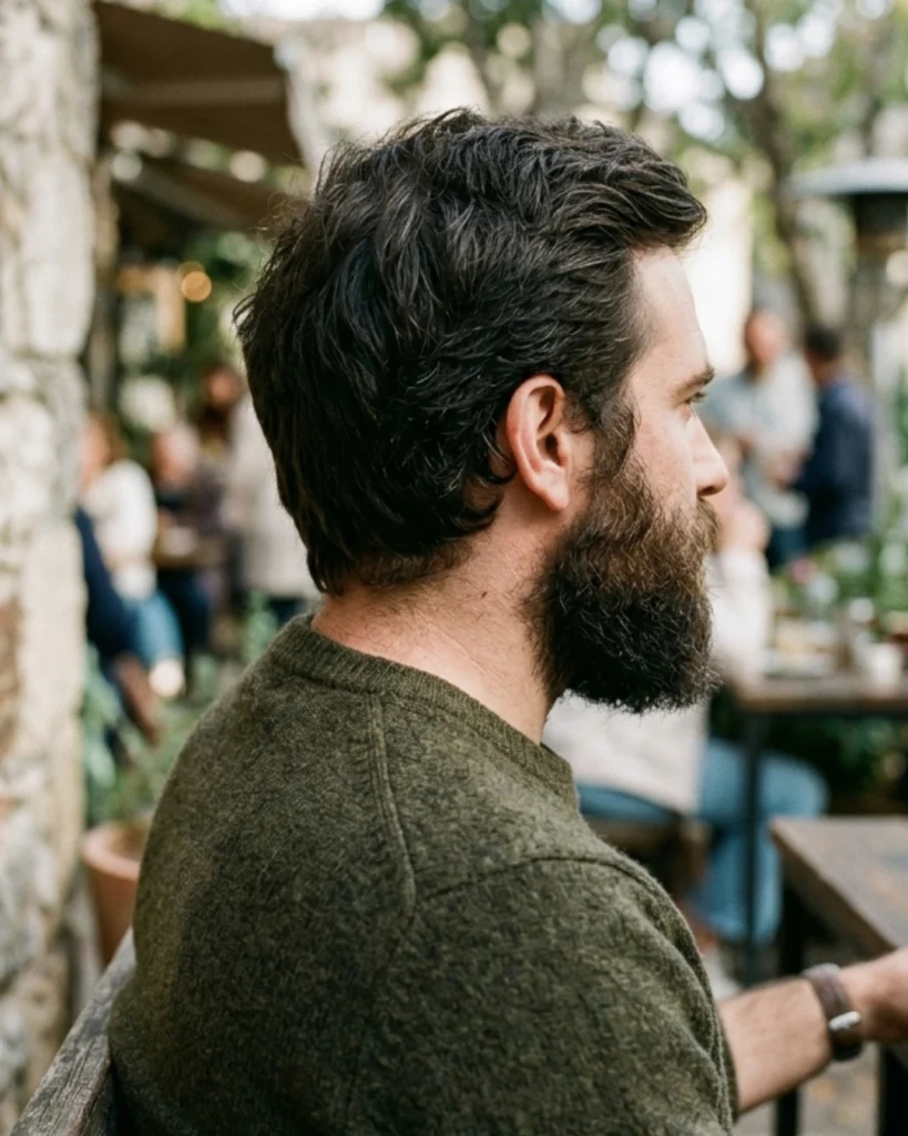 Side profile of a man with slightly overgrown hair and beard sitting outdoors, showing why regular grooming and timely trims keep hair and beard from looking untidy.